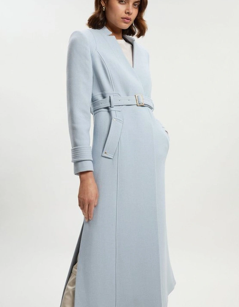 Wool Investment Notch Neck Belted Detail Tailored Maxi Coat