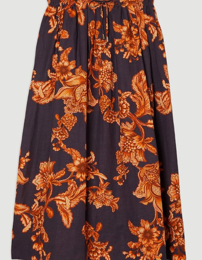 Viscose Linen Tie Waist Woven Full Midi Skirt