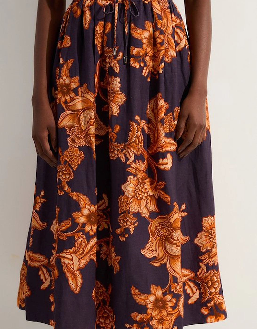 Viscose Linen Tie Waist Woven Full Midi Skirt