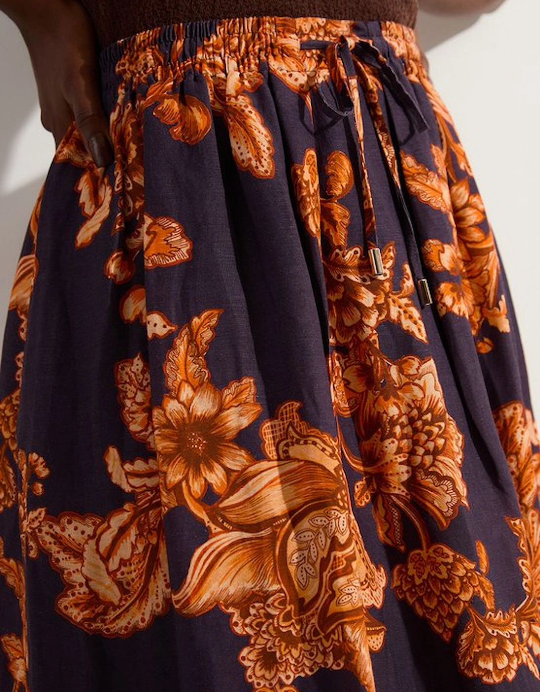 Viscose Linen Tie Waist Woven Full Midi Skirt