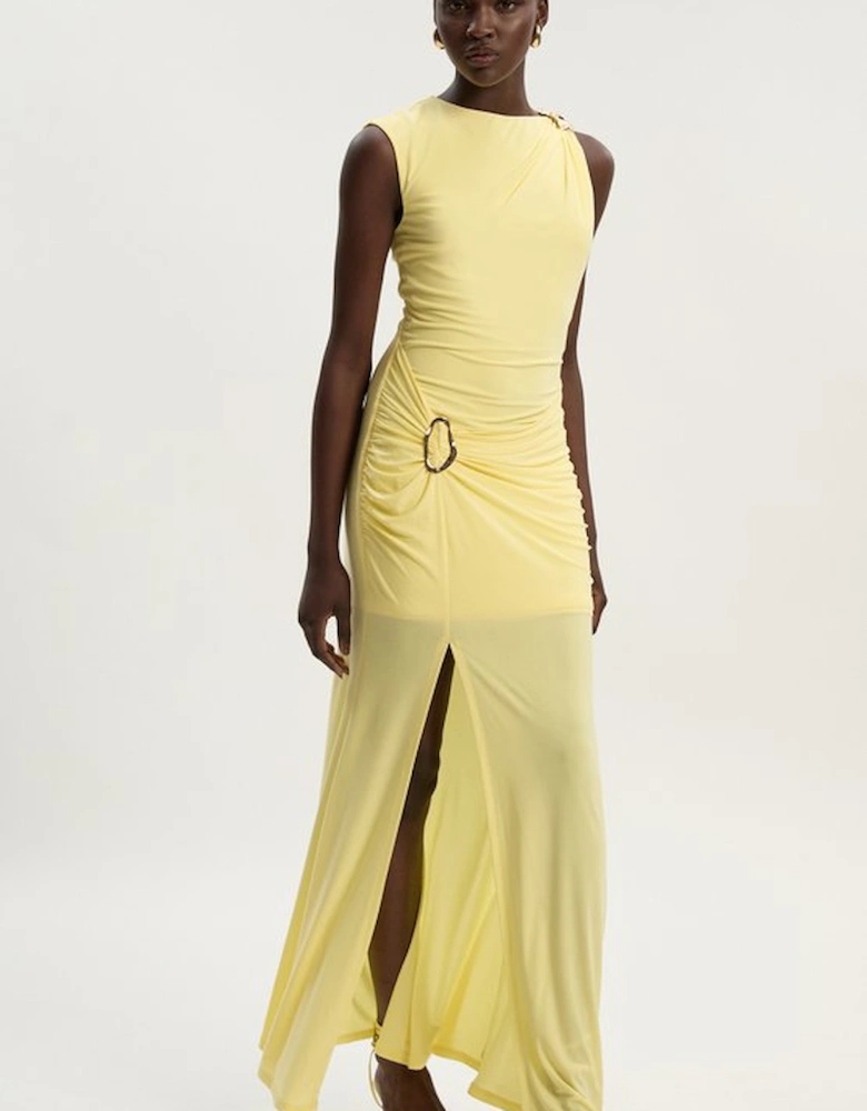 Drapey Crepe Trim Detail Ruched Maxi Dress