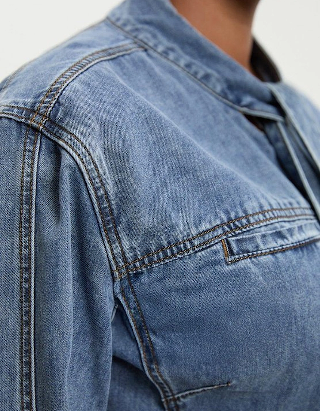 Plus Size Denim Pussy Bow Blouse