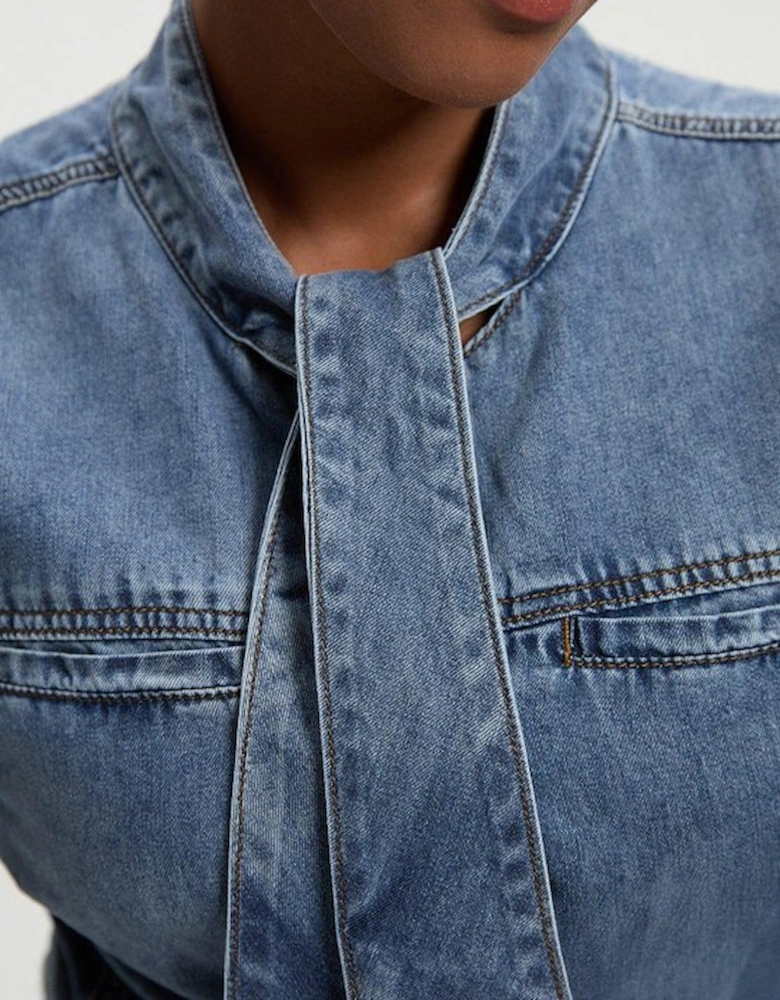 Plus Size Denim Pussy Bow Blouse