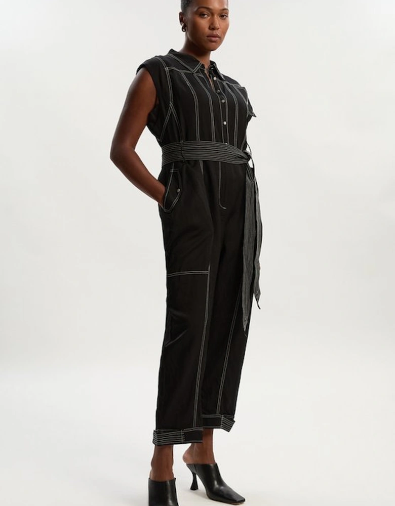 Plus Size Premium Linen Twill Topstitch Woven Jumpsuit