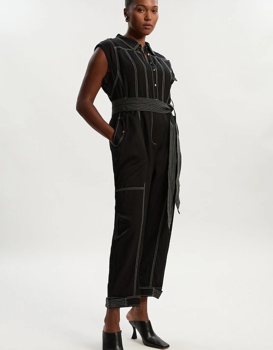 Plus Size Premium Linen Twill Topstitch Woven Jumpsuit, 5 of 4