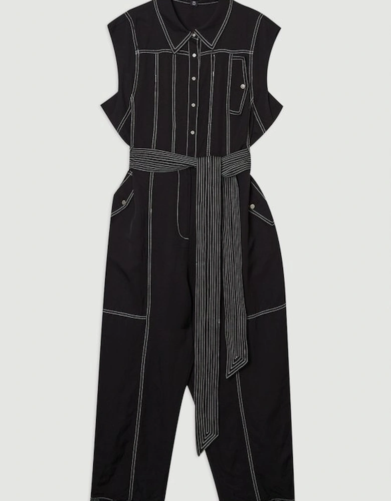Plus Size Premium Linen Twill Topstitch Woven Jumpsuit