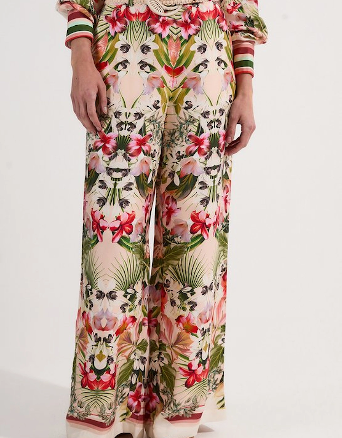 Petite Mirrored Viscose Linen Floral Print With Raffia Belt Woven Trouser