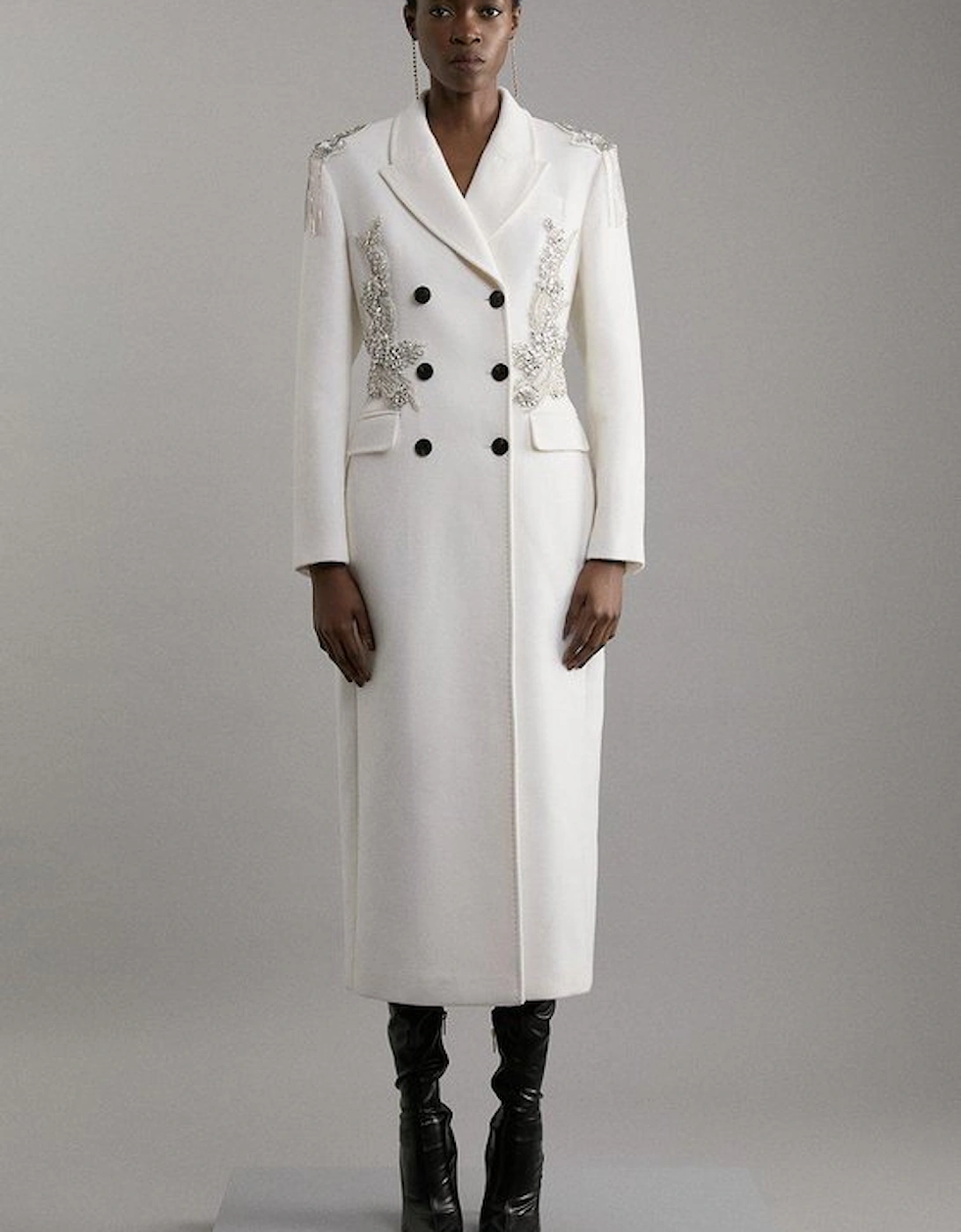 Wool Blend Crystal Embellished Double Breasted Tailored Maxi Coat, 5 of 4