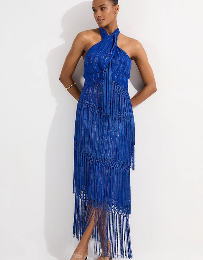 Beach Fringe Metallic Thread Halter Neck Dress