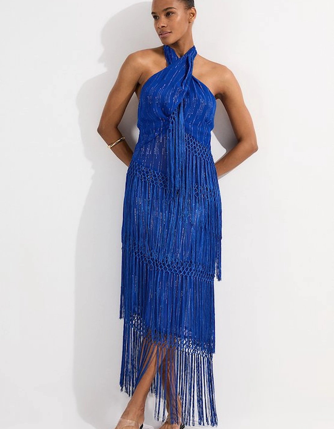 Beach Fringe Metallic Thread Halter Neck Dress, 5 of 4