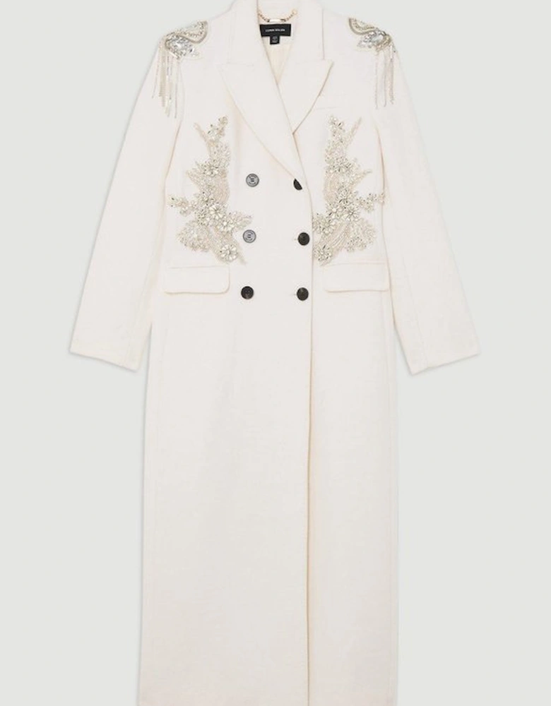 Wool Blend Crystal Embellished Double Breasted Tailored Maxi Coat