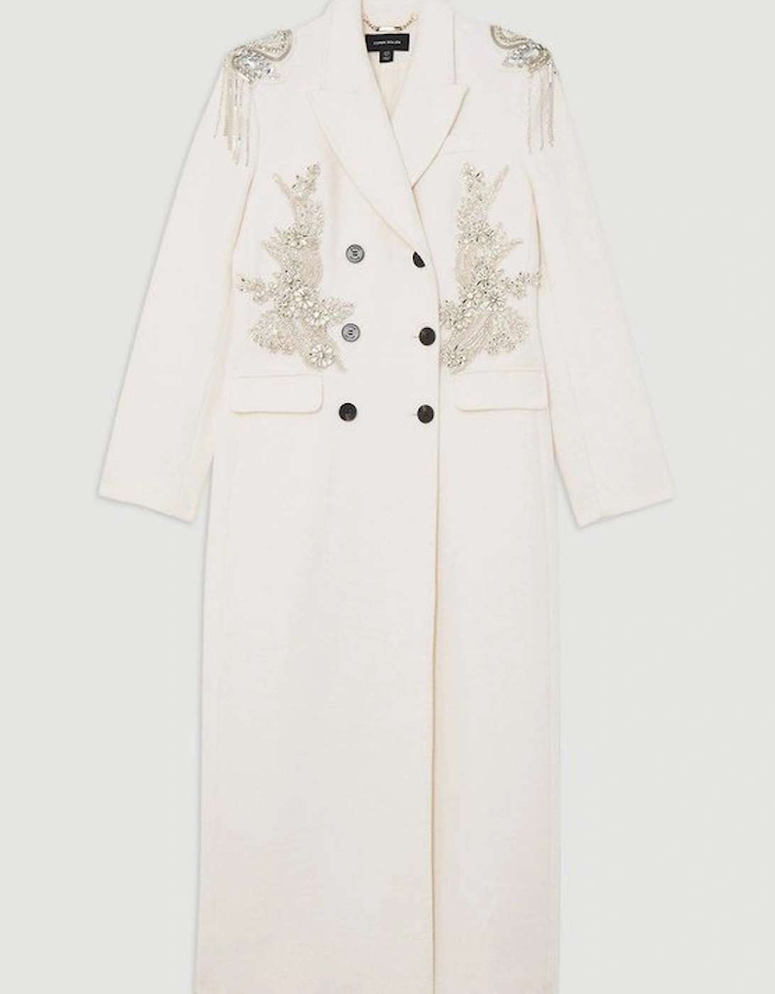 Wool Blend Crystal Embellished Double Breasted Tailored Maxi Coat