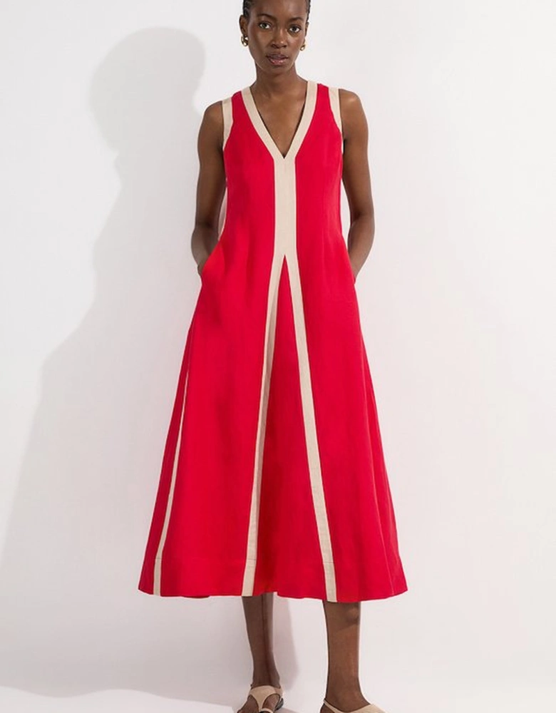 Petite Linen Viscose Colour Block Plunge Neck Woven Maxi Dress