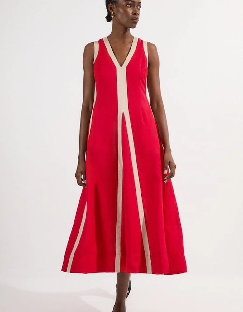 Petite Linen Viscose Colour Block Plunge Neck Woven Maxi Dress