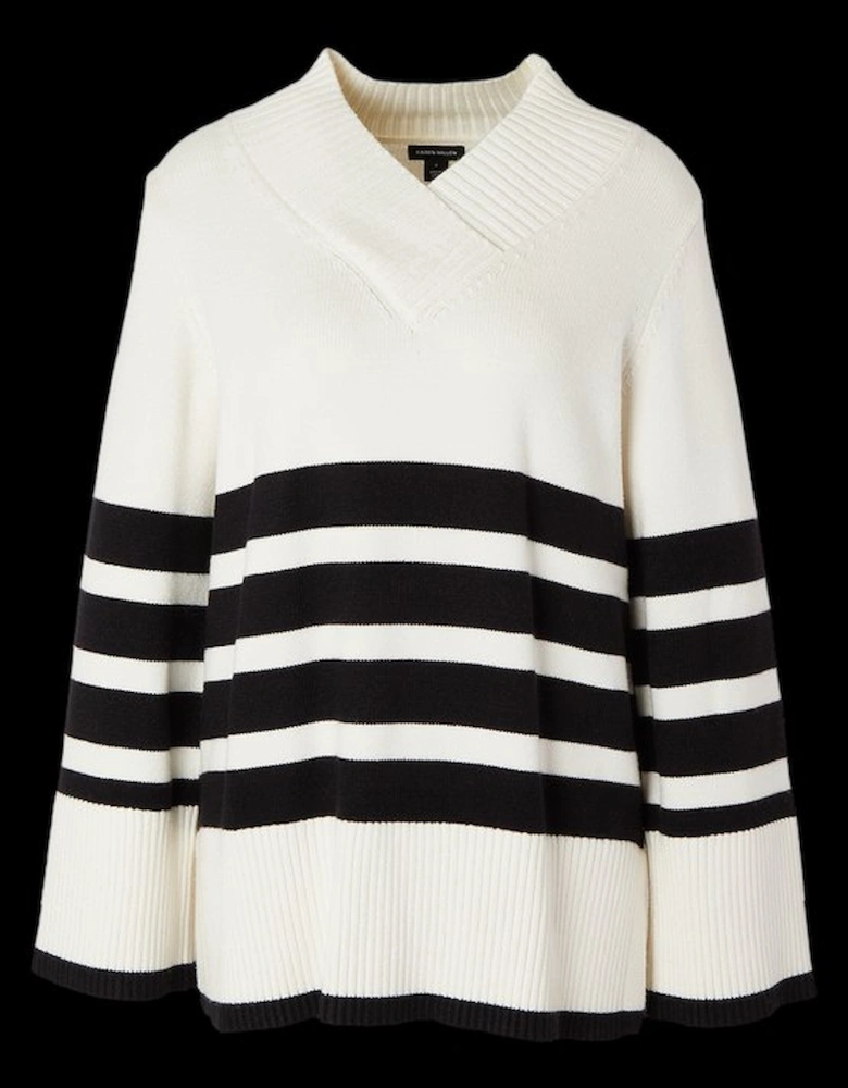 Plus Size Stripe V Neck Split Hem Knitted Jumper