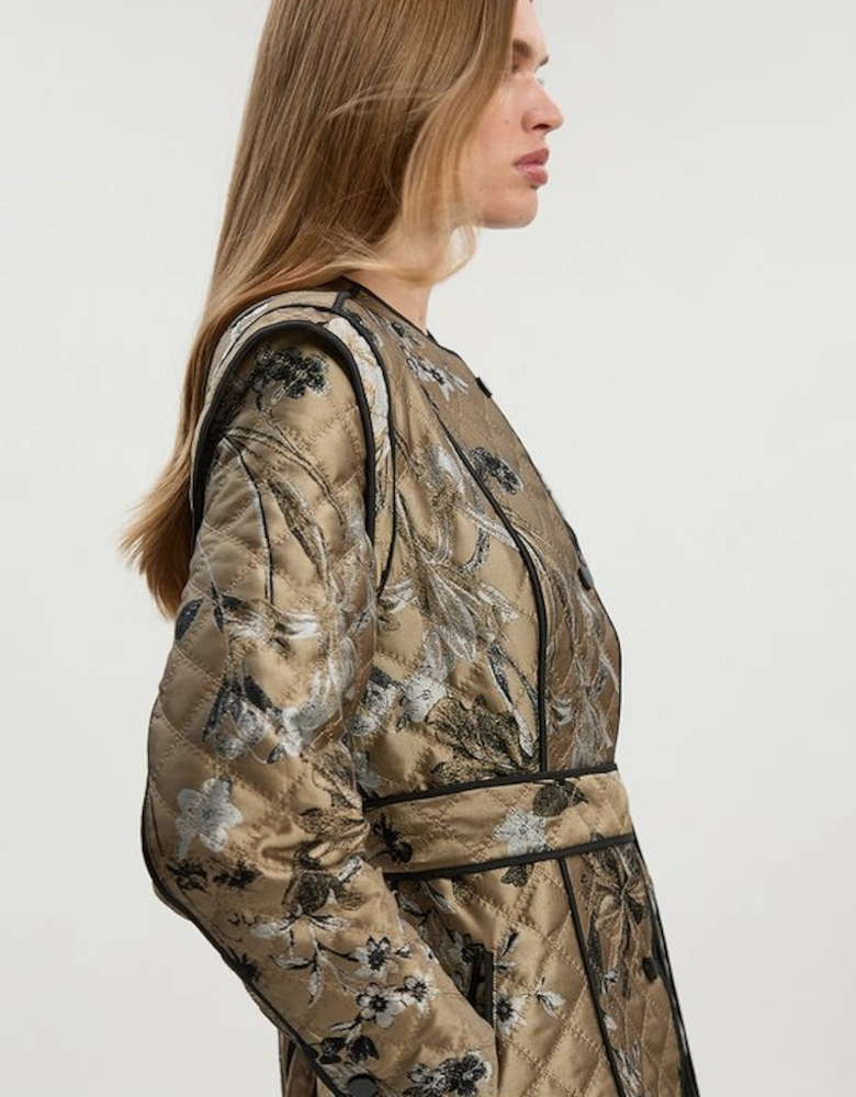 Printed Jacquard Padded Collarless Full Midi Coat