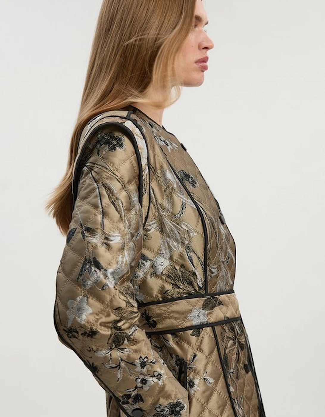 Printed Jacquard Padded Collarless Full Midi Coat