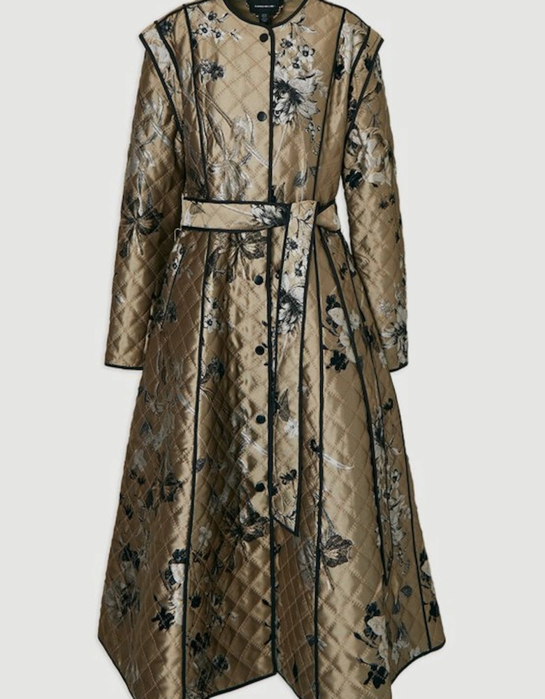 Printed Jacquard Padded Collarless Full Midi Coat