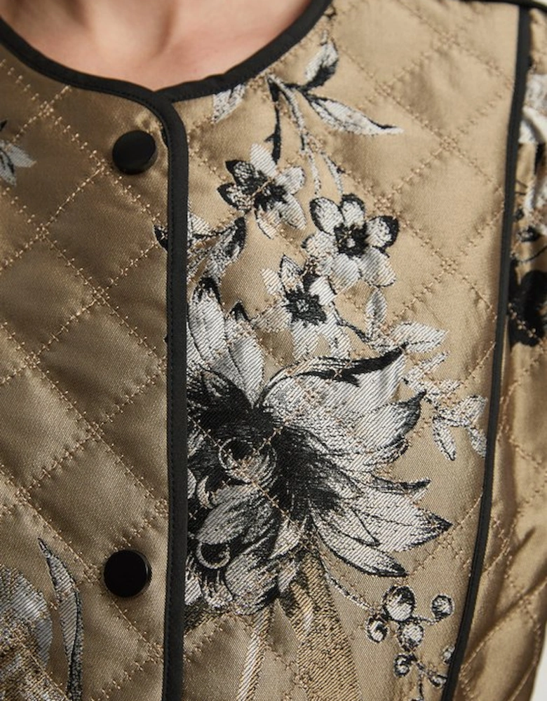 Printed Jacquard Padded Collarless Full Midi Coat