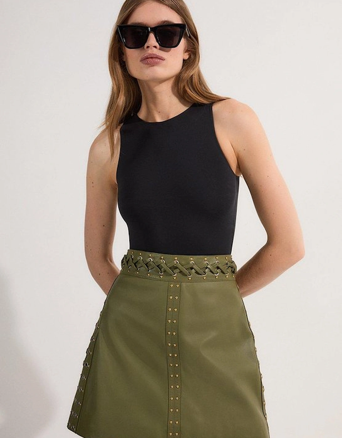 Leather Eyelet And Lace Trim Detail A Line Mini Skirt, 5 of 4