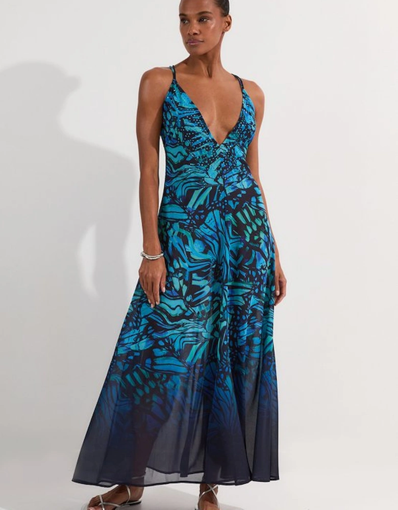 Ombre Butterfly Strappy Georgette Beach Maxi Dress