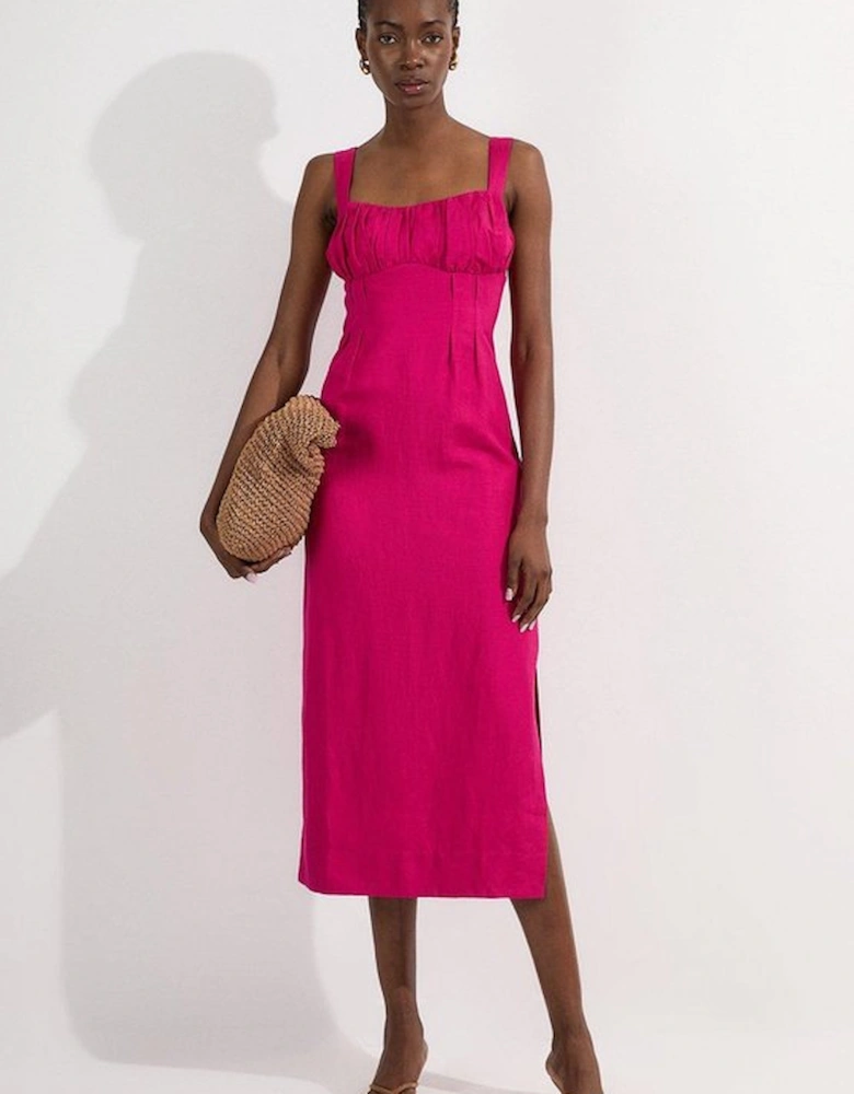 Viscose Linen Ruched Detail Strappy Woven Midi Dress