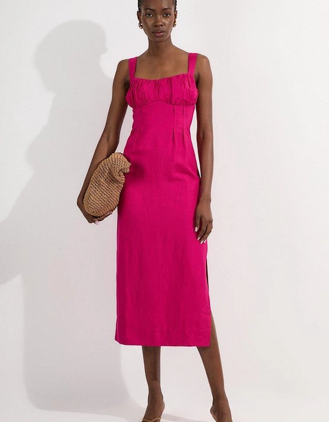 Viscose Linen Ruched Detail Strappy Woven Midi Dress, 5 of 4