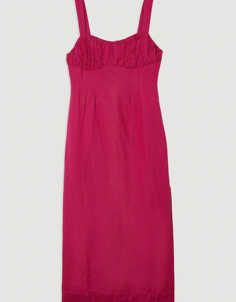 Viscose Linen Ruched Detail Strappy Woven Midi Dress