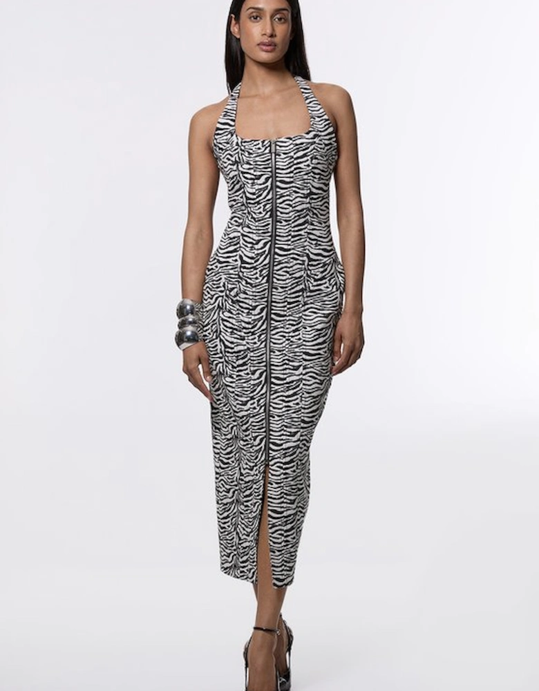 Zebra Jacquard Tailored Zip Through Pencil Midi Dress