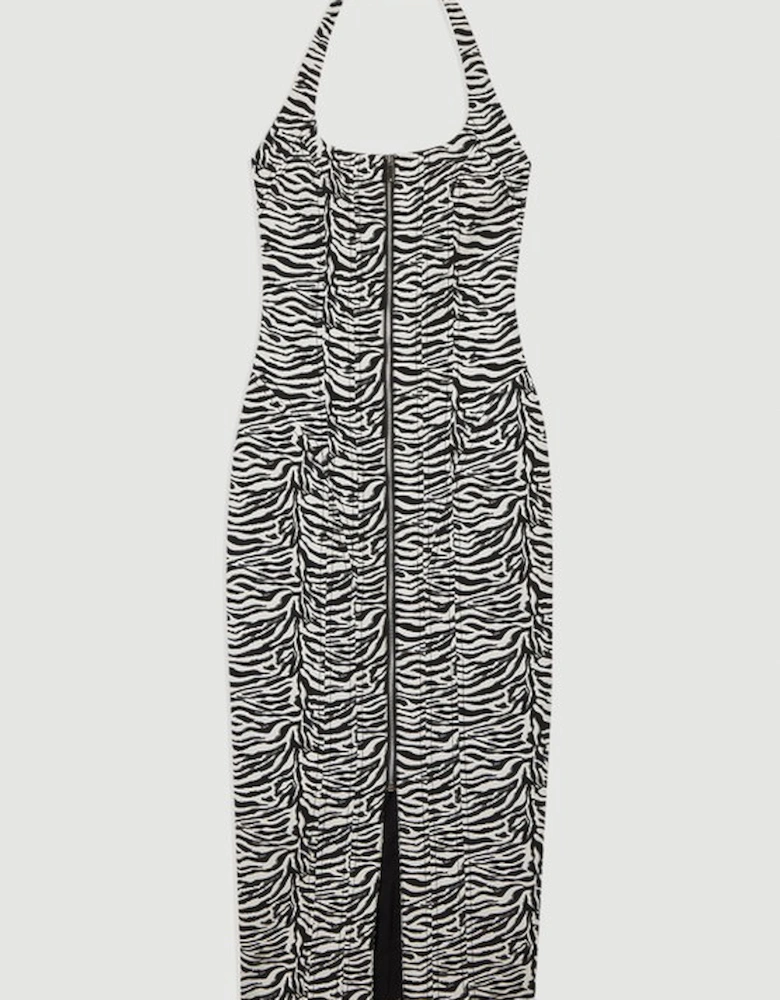 Zebra Jacquard Tailored Zip Through Pencil Midi Dress