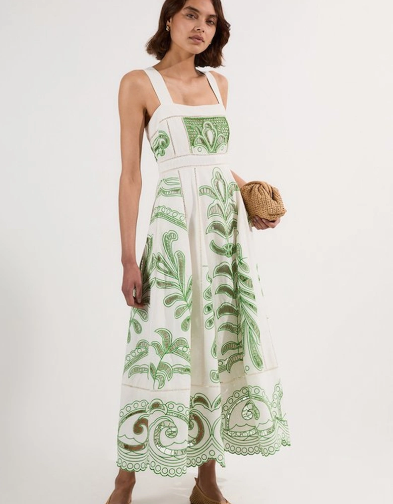 Petite Cutwork Embroidered Wide Woven Midi Prom Dress