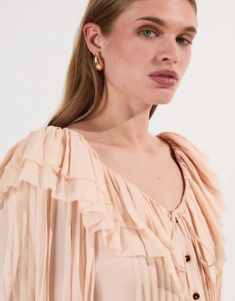 Crinkle Viscose Georgette Pin Tuck Detail Ruffle Woven Blouse