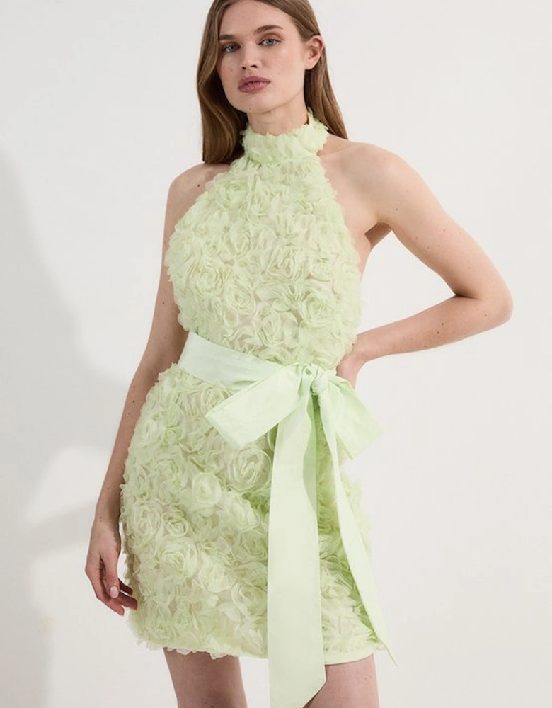 Rosette Halter Neck Woven Mini Dress With Belt