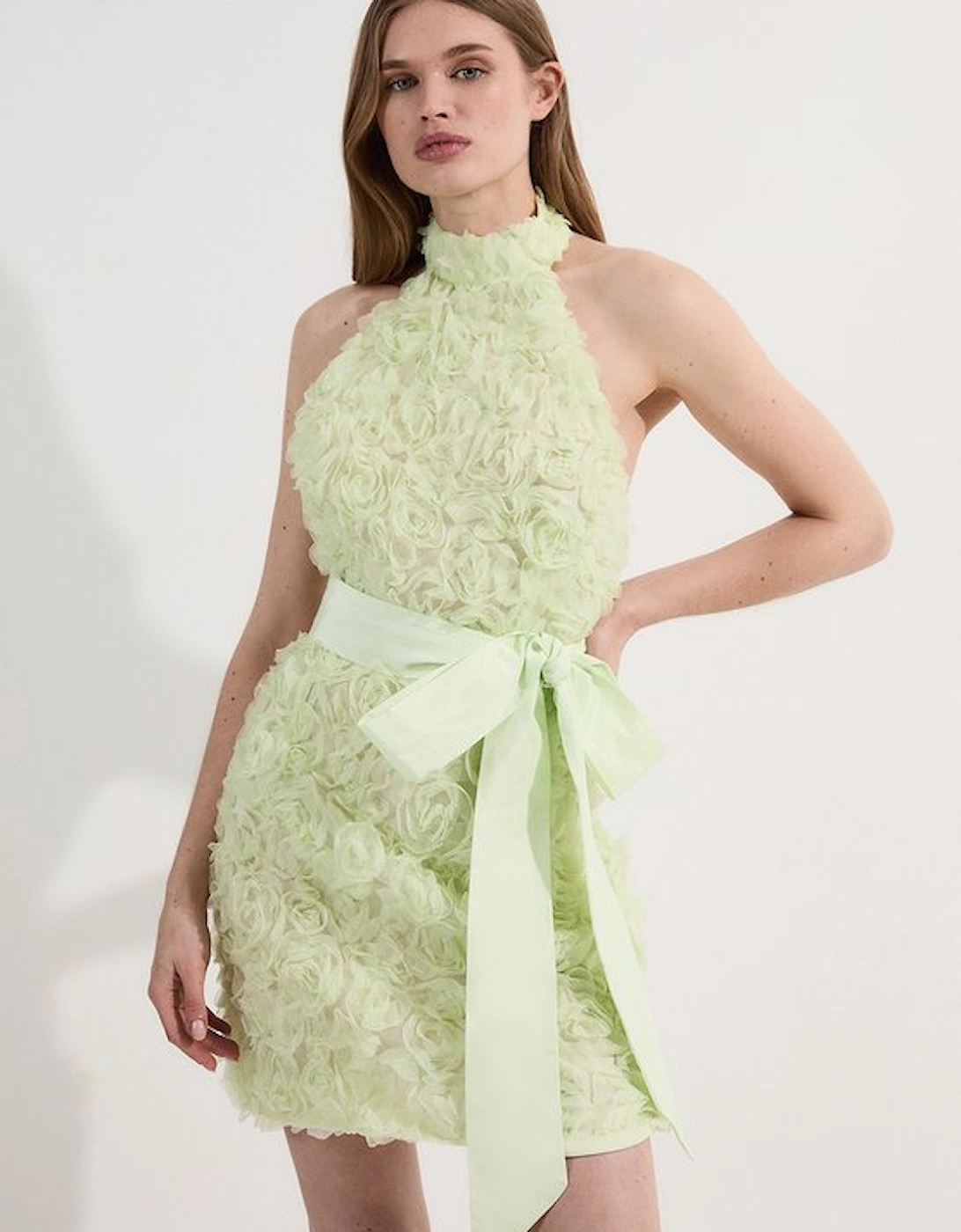 Rosette Halter Neck Woven Mini Dress With Belt, 5 of 4
