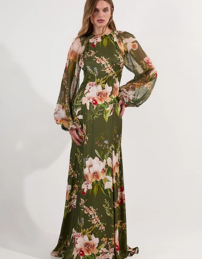 Garden Floral Viscose Georgette Satin Mix Maxi Dress