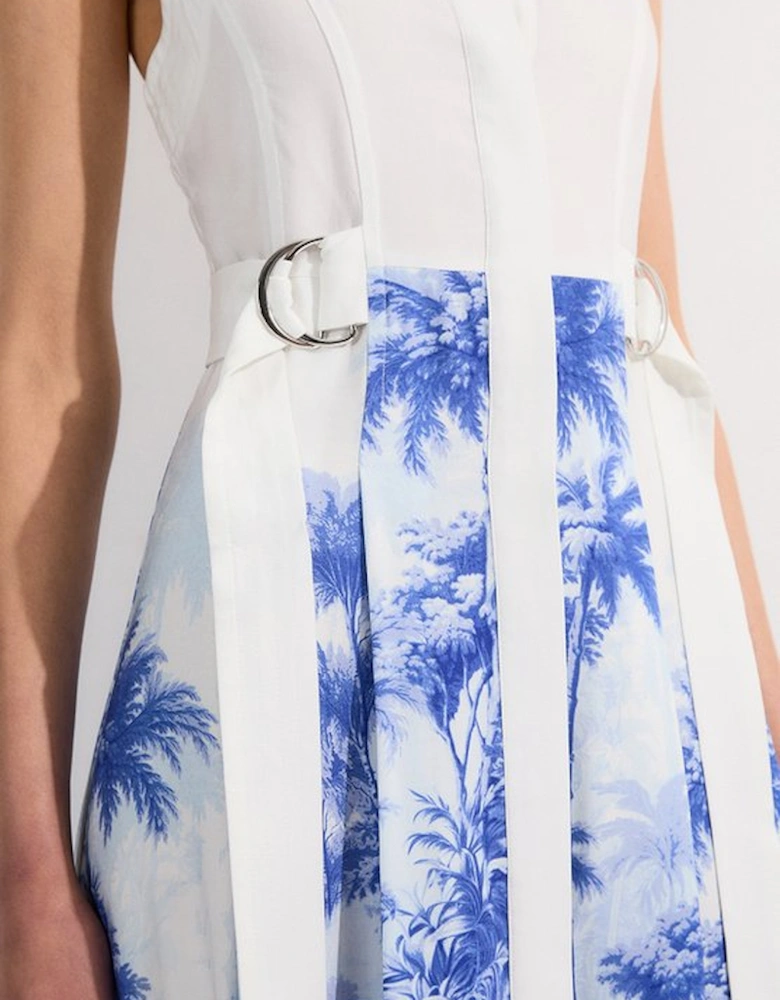 Tall Viscose Linen Scenic Print With Top Stitch Belted Woven Midi Dress