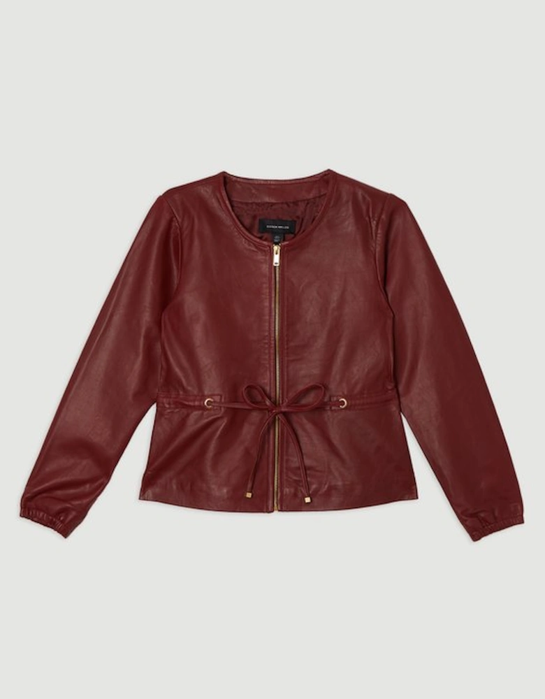 Leather Drawstring Tailored Collarless Jacket