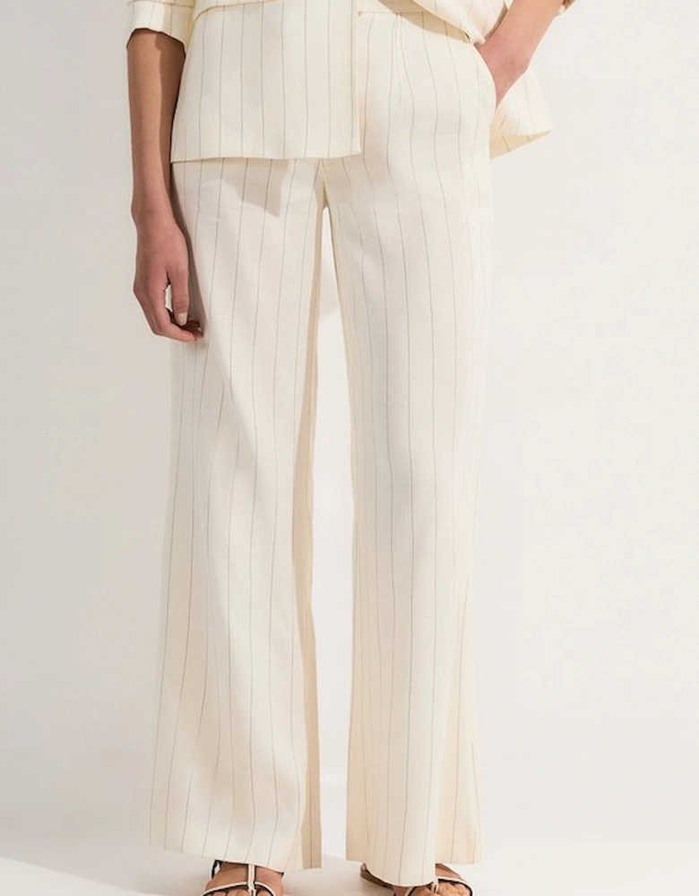 Petite Premium Linen Viscose Pinstripe Tailored Wide Leg Trouser
