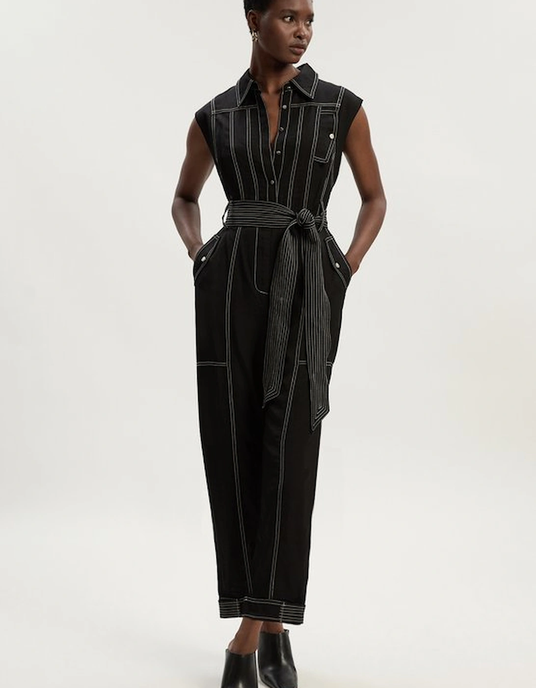 Tall Premium Linen Twill Topstitch Woven Jumpsuit, 5 of 4
