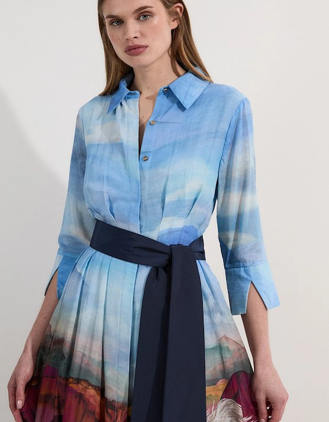 Silk Cotton Floral Print Woven Belted Maxi Shirt Dress