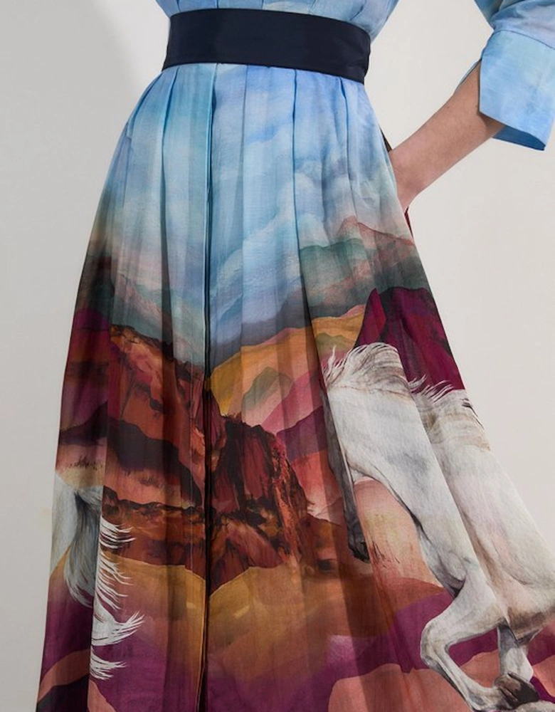 Silk Cotton Floral Print Woven Belted Maxi Shirt Dress