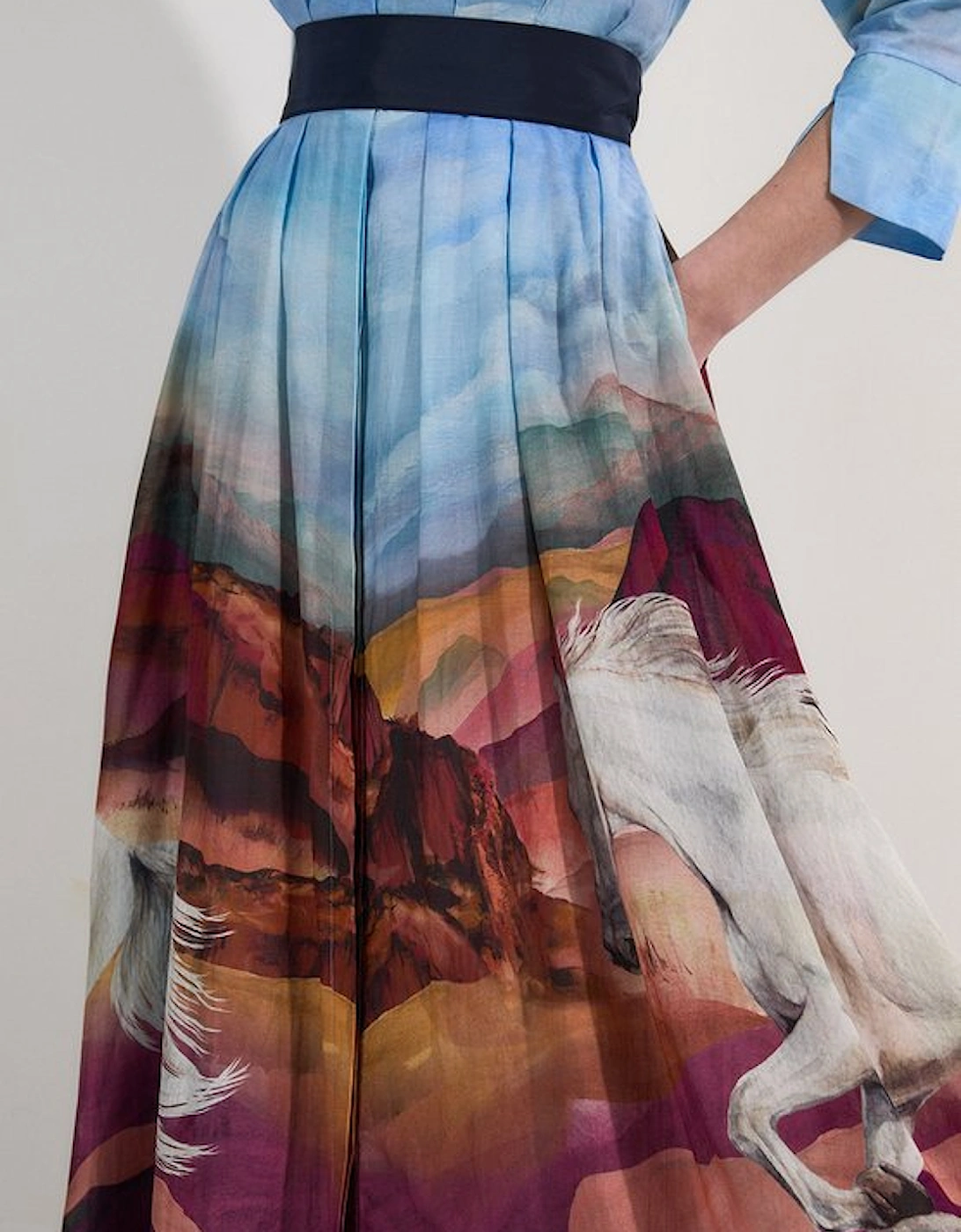 Silk Cotton Floral Print Woven Belted Maxi Shirt Dress