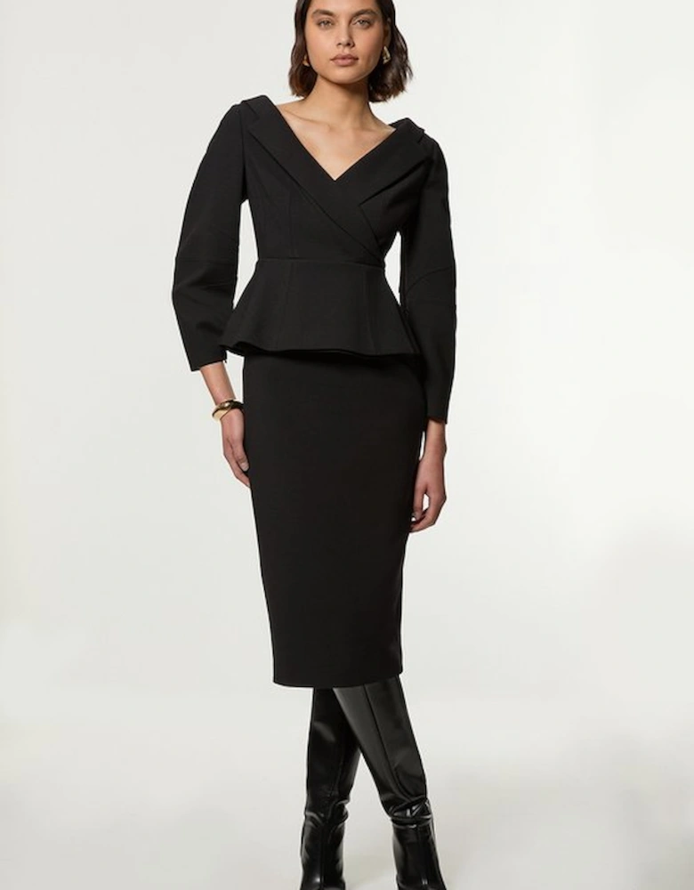 Compact Stretch Tailored Assymetric Peplum Pencil Midiaxi Dress