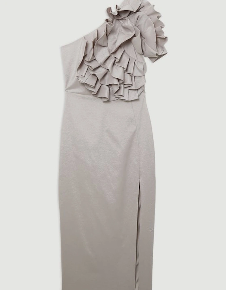 Metallic Taffeta Rosette Midi Off The Shoulder Dress