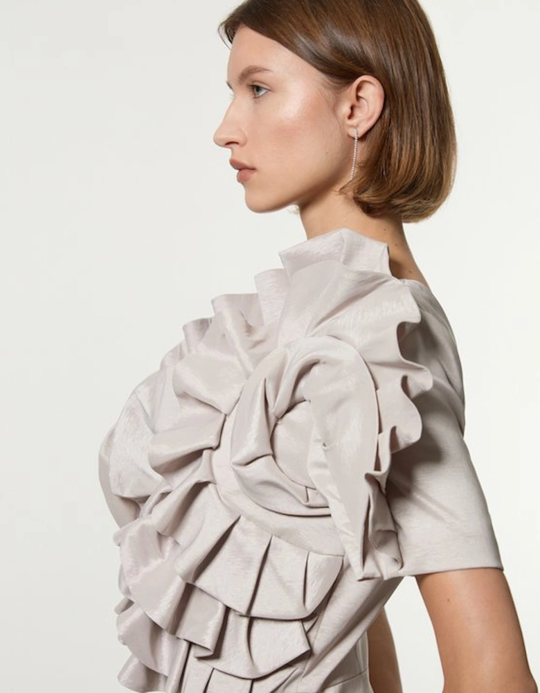 Metallic Taffeta Rosette Midi Off The Shoulder Dress