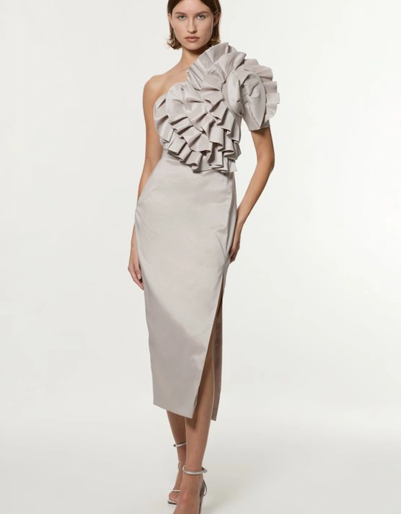 Metallic Taffeta Rosette Midi Off The Shoulder Dress