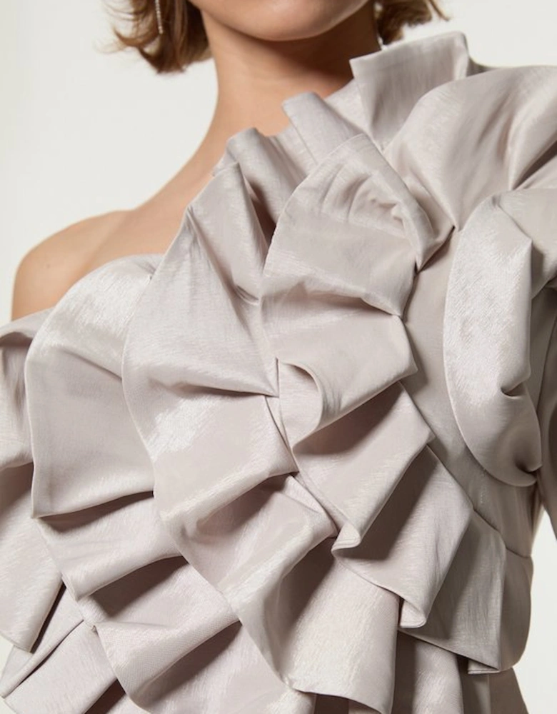 Metallic Taffeta Rosette Midi Off The Shoulder Dress