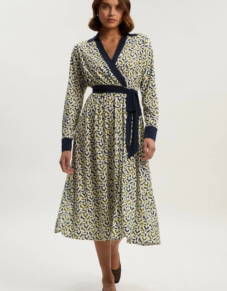 Geo Print Crepe Tie Waist Maxi Dress