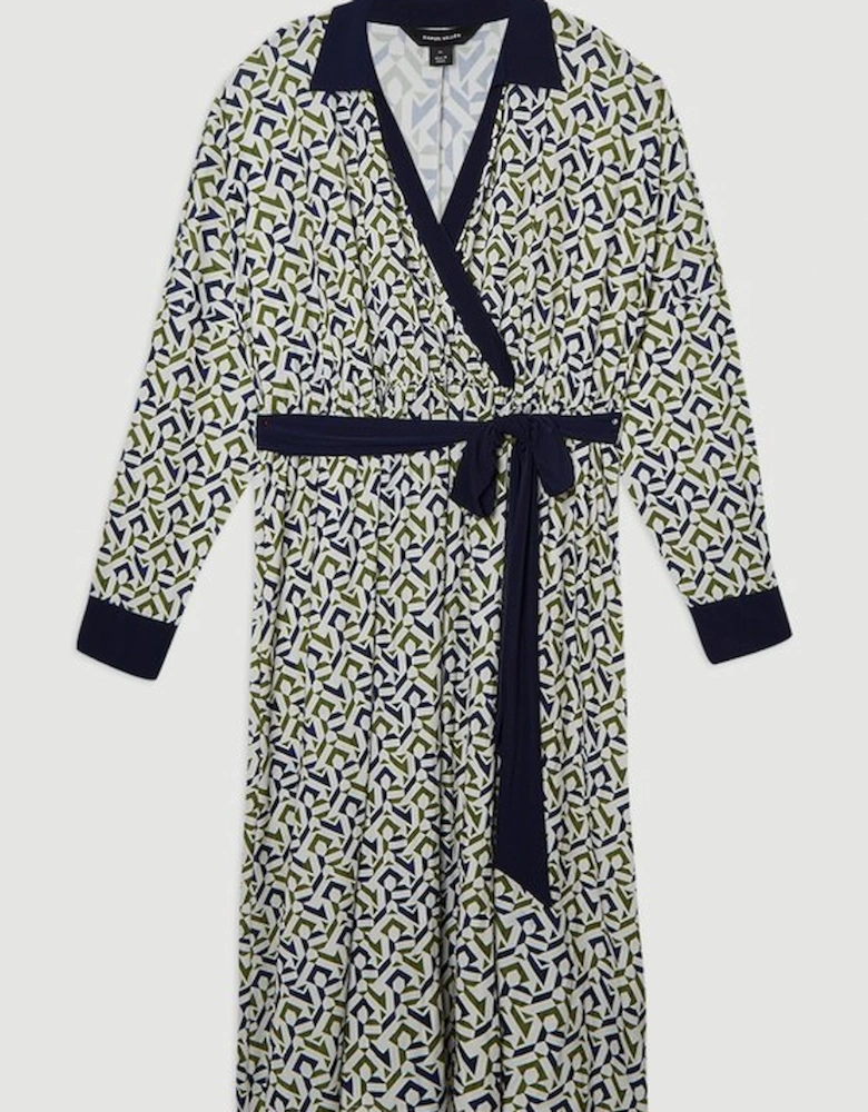 Geo Print Crepe Tie Waist Maxi Dress