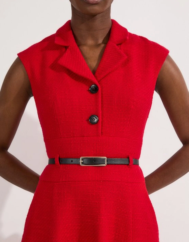 Petite Textured Tweed Belted Full Skirted Midi Dress